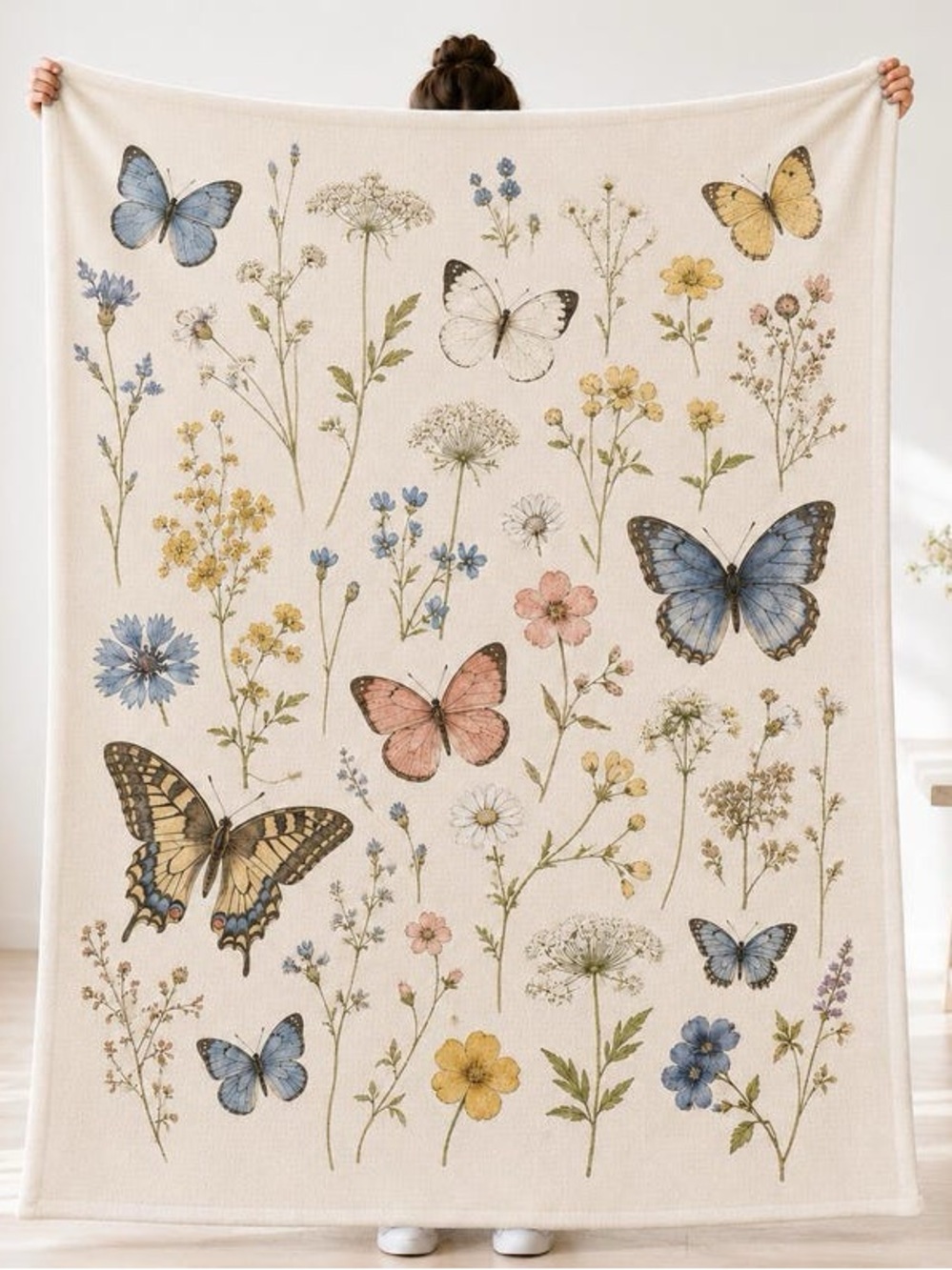 Botanical Butterfly Wall Tapestry - Neutral with Blue, Yellow, Pink Accents